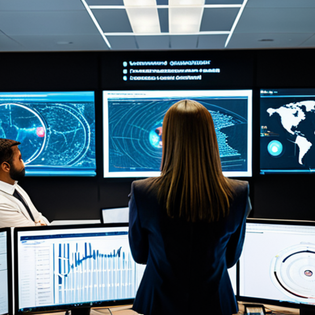 A diverse team of cybersecurity professionals, including men and women, in modest business suits and professional attire, intensely focused in a modern, high-tech Security Operations Center (SOC). Large monitor walls display complex network diagrams, real-time threat intelligence dashboards, and intricate data visualizations. The atmosphere is one of urgent but controlled problem-solving. One analyst points decisively at a screen, while others lean in, collaborating closely. Professional photography, high detail, perfect anatomy, correct proportions, natural pose, well-formed hands, proper finger count, natural body proportions, safe for work, appropriate content, fully clothed, professional.