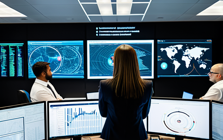 A diverse team of cybersecurity professionals, including men and women, in modest business suits and professional attire, intensely focused in a modern, high-tech Security Operations Center (SOC). Large monitor walls display complex network diagrams, real-time threat intelligence dashboards, and intricate data visualizations. The atmosphere is one of urgent but controlled problem-solving. One analyst points decisively at a screen, while others lean in, collaborating closely. Professional photography, high detail, perfect anatomy, correct proportions, natural pose, well-formed hands, proper finger count, natural body proportions, safe for work, appropriate content, fully clothed, professional.