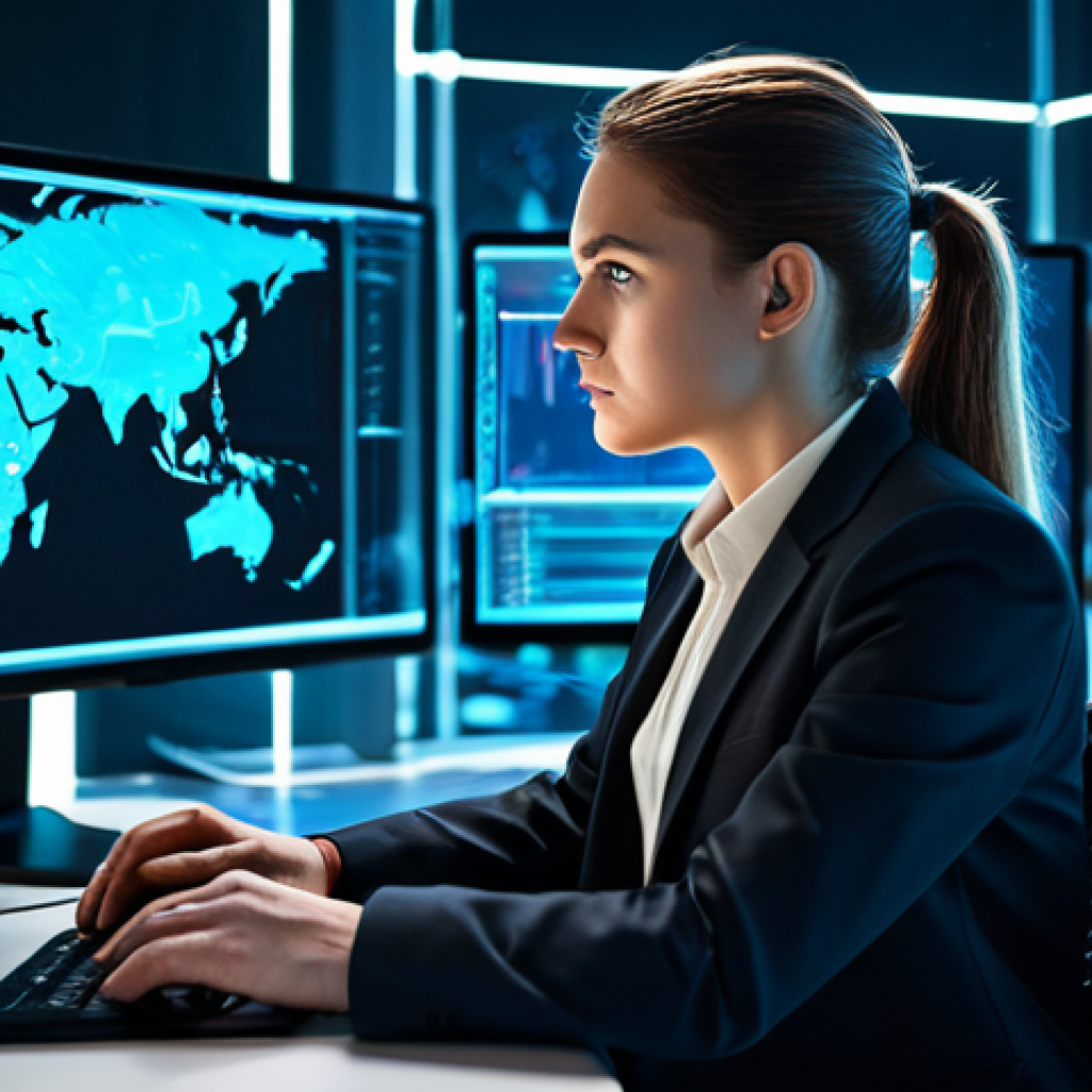 A focused cybersecurity analyst, a man or woman, in a modest business suit, seated at a desk in a futuristic, secure digital workspace. The background features abstract, glowing data streams and translucent protective shields, subtly representing digital threats being identified and mitigated. The analyst is looking intently at a multi-screen display, deep in thought. Professional photography, high-resolution, cinematic lighting, perfect anatomy, correct proportions, natural pose, well-formed hands, proper finger count. safe for work, appropriate content, fully clothed, professional.