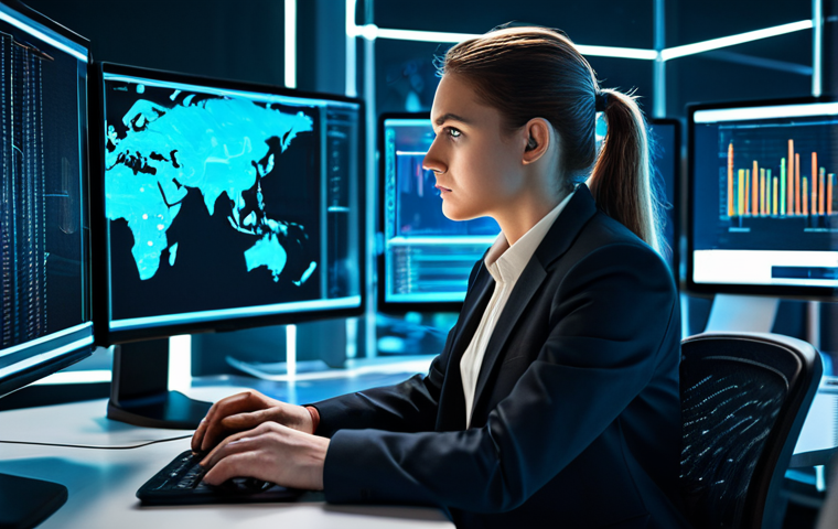 A focused cybersecurity analyst, a man or woman, in a modest business suit, seated at a desk in a futuristic, secure digital workspace. The background features abstract, glowing data streams and translucent protective shields, subtly representing digital threats being identified and mitigated. The analyst is looking intently at a multi-screen display, deep in thought. Professional photography, high-resolution, cinematic lighting, perfect anatomy, correct proportions, natural pose, well-formed hands, proper finger count. safe for work, appropriate content, fully clothed, professional.
