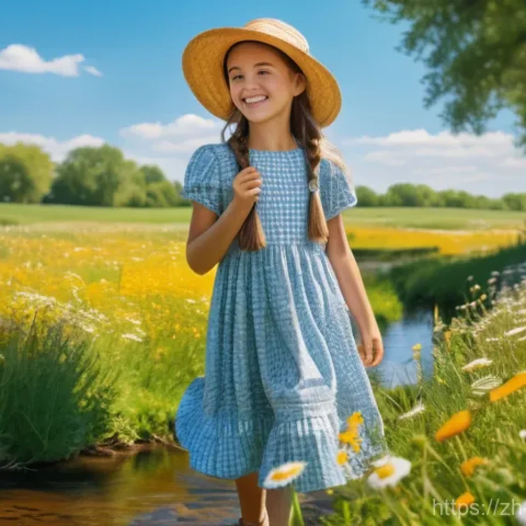 정보보안학 블록체인 해킹 - A cheerful 10-year-old girl, wearing a vibrant yellow sundress and a wide-brimmed straw hat, is joyf...