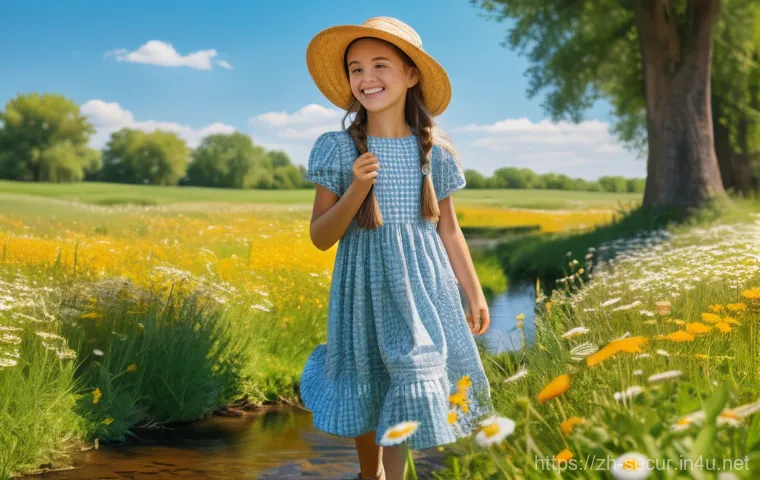 정보보안학 블록체인 해킹 - A cheerful 10-year-old girl, wearing a vibrant yellow sundress and a wide-brimmed straw hat, is joyf...