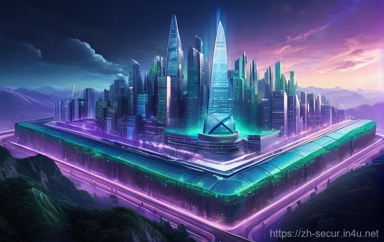 정보보안학 보안 아키텍처 - **Prompt:** A high-resolution, futuristic depiction of a secure digital city, encapsulated within mu...